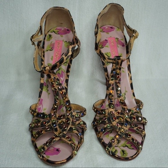 Betsey Johnson sz 8.5M Vero Cuoio Strappy Sandal Leopard Print Rhinestone Heels - Picture 3 of 9